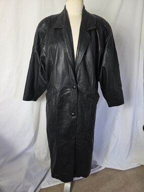 Winlit Trench Coat Womens Medium Black Leather Long 80s Vintage Goth Matrix